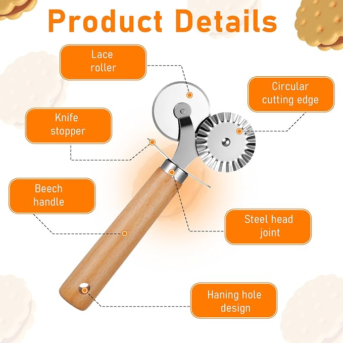 Oruola Pasta Wheel Cutter, Double Fluted Pastry Cutter Wheel,Double-Blade Ravioli Cutters,Stainless Steel Double Roller Dough Cutters with Wooden Handle for Pizza,Ravioli,Cookies