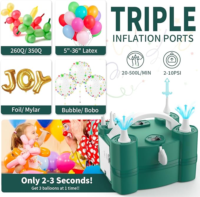 Balloon Pump 3-in-1 Electric Air Pump for All Balloons& Inflatables, Triple Inflating Ports for Latex 260q Foil Mylar Balloon Inflation, Quick-Fill Inflator Deflator for Pool Floats Air Beds
