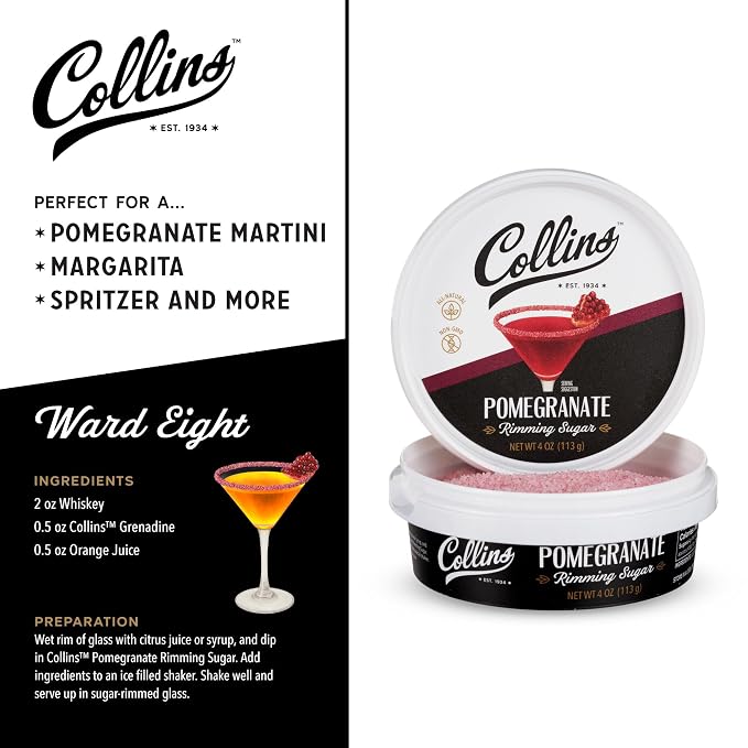 Collins Pomegranate Rimming Sugar, Bright & Tangy Cocktail Sugar Rim with Vibrant Ruby Hue, Grenadine Flavored Garnish for Martinis, Margaritas, Cosmos & Mocktails, 4 oz