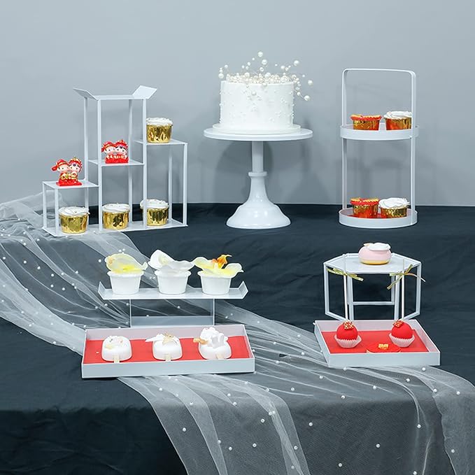 Set of 3 Pieces Cake Stands Iron Cake Holder Dessert Display Plate Serving Tray for Baby Shower Wedding Birthday Party (White)