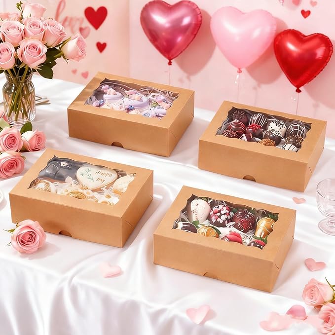 20PCS 8x5x2 Inch Bakery Boxes Cookie Boxes with Window Treat Boxes Bakery Packaging for Dessert Donut,Muffins,Chocolate,Cupcake,and Candy Gift Giving Christmas Valentine's Mother's Day