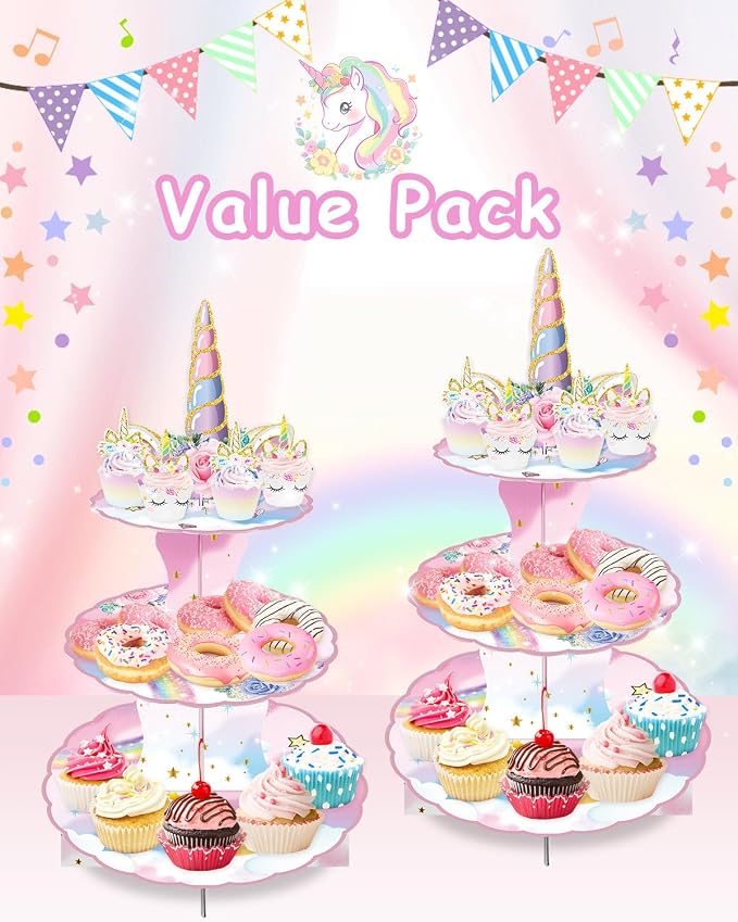 2 Pack Unicorn Cupcake Stands Birthday Decorations: 3-Tier Unicorn and Rainbow Theme Party Supplies Cake Stand Toppers for Girls Kids - Suitable for 48pcs Cupcakes Pink Table Decorations