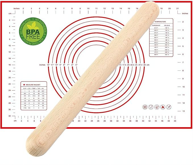 Rolling Pin and Silicone Baking Mat Set, Non-Stick Beech Wood Rolling Pin 15.7 Inch and Pastry Mat(40cm*60cm) for Best Pie Crust, Cookie, Pasta and Pizza Dough