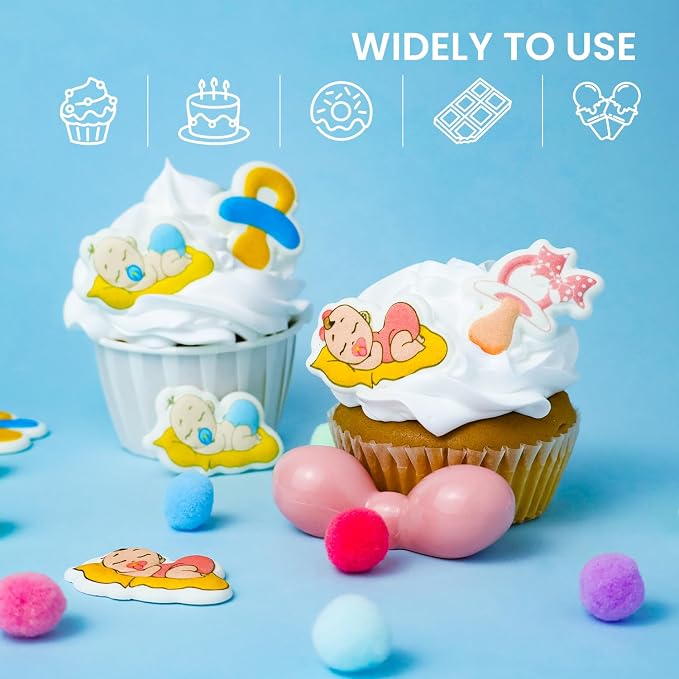 Pink Edible Baby Cake Decorations, Gender Reveal Cupcake Topper Edible, Girl Baby Shower Candy Cookies Chocolates Baking Decor, 16 pcs