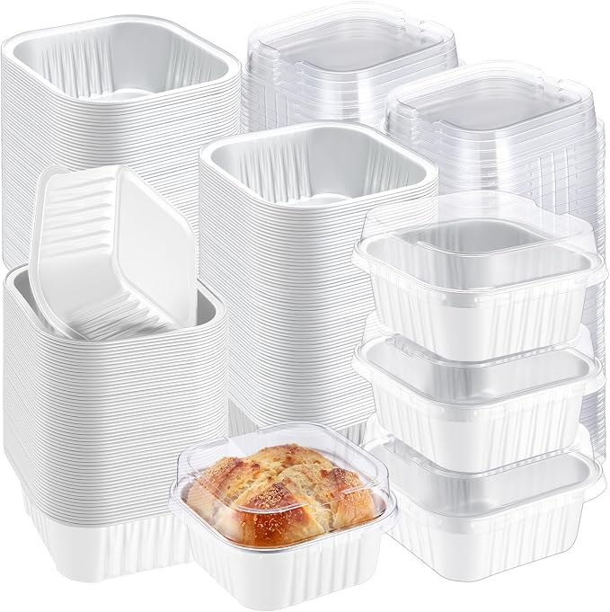 200 Pack 5 oz Mini Cake Pans with Lid, Aluminum Foil Mini Baking Tins, Square Disposable Cupcake Baking Cup Dessert Container for Wedding Birthday Party Picnic(White,Classic)