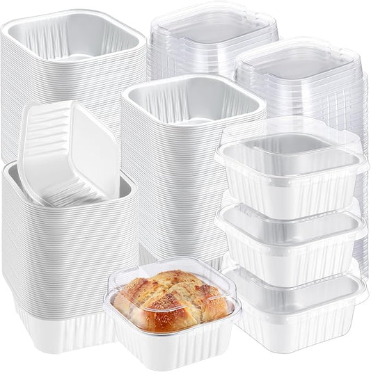 200 Pack 5 oz Mini Cake Pans with Lid, Aluminum Foil Mini Baking Tins, Square Disposable Cupcake Baking Cup Dessert Container for Wedding Birthday Party Picnic(White,Classic)