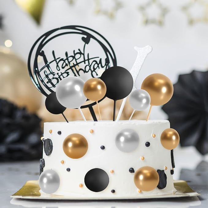 ASTARON 32 Pcs Ball Cake Topper Decorations Mini Balloons Cake Topper Sticks Foam Balls Cake Picks for Graduation Wedding Party Birthday Cake Decorations (Gold Silver Black)