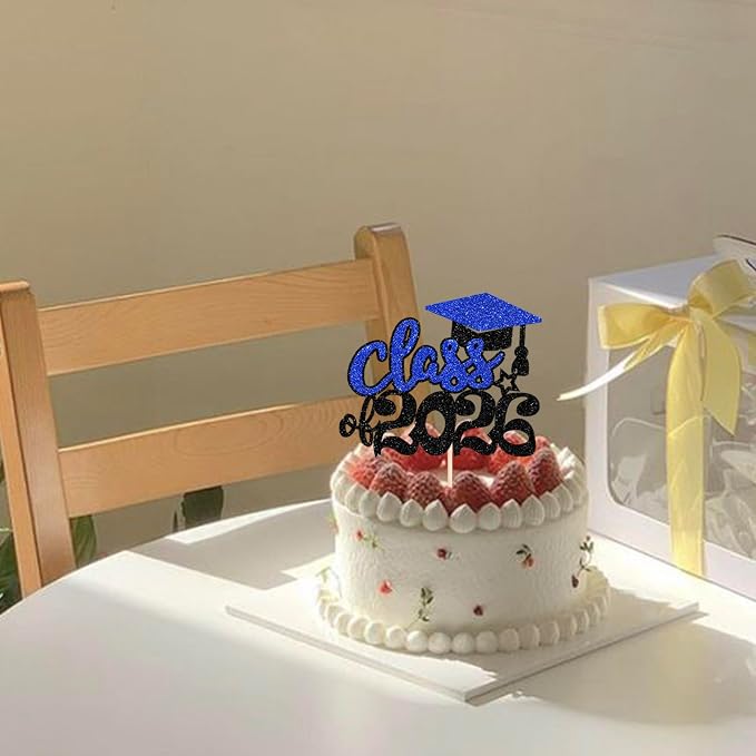 1 Pack 2026 Graduation Cake Topper Glitter Grad Cap Diploma Cake Decorations 2026 Senior Graduation Cake Pick for 2026 School Graduation Theme Party Cake Decoration Supplies Blue