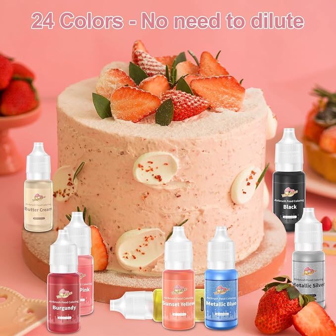 Mtcolors 24 Airbrush Food Coloring Liquids, 100% Food Grade Food Coloring for Cake Decorating, Edible Metallic Airbrush Food Colors, 10ml/bottle