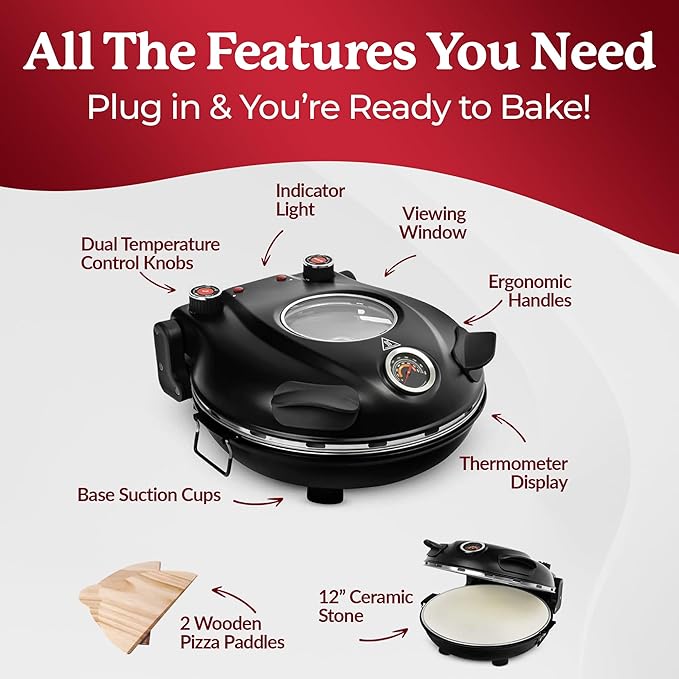 PIEZANO 12" Electric Pizza Oven Indoor Countertop Pizza Maker | Heats to 800˚F, Ceramic Stone for Crispy Crust Pizza, Cooks in Under 6 Minutes, Dual Heat Controls, Peels & Scraper Included