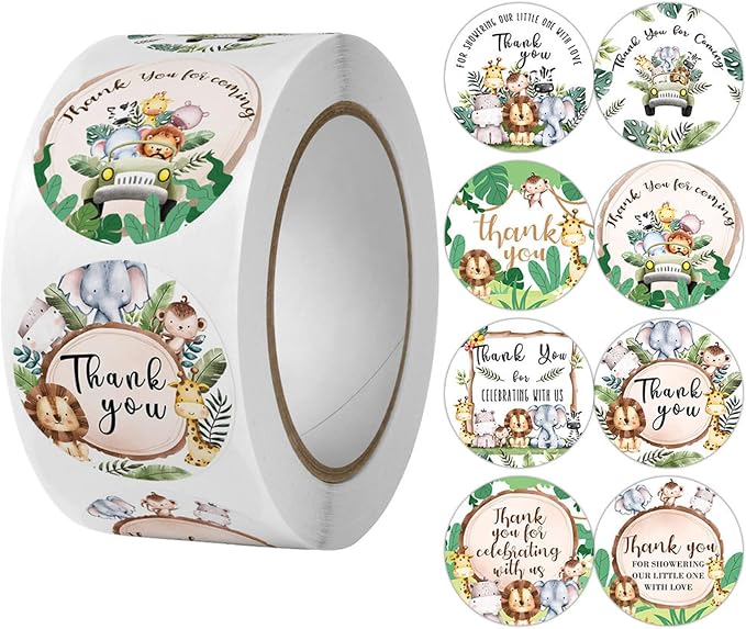 BLESS-VAST 500 PCS Jungle Safari Thank You Stickers,Thank You Stickers for Baby Shower Watercolor Forest Animal Cartoon Envelope Seal Sticker Birthday Party Gift Wrap Bag Label (Forest Animal)