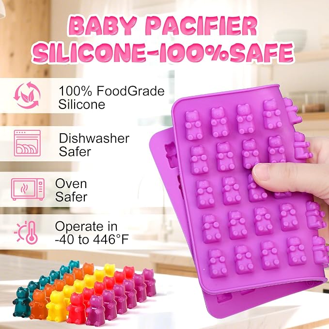 Candy Molds Silicone, with 2 Droppers, Non-Stick Silicone Candy Molds Including Mini Dinosaur, Bear Shape, Hearts and Mini Donut, Set of 4