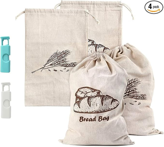 Bread Bags, 2-Packs Linen Bread Bags for Homemade Container, 17.3×11.6 Inches Unbleached&Reusable Bread Storage,Natural Large Storage for Artisan Bread,With 2 Pieces Breads Clips