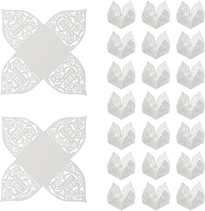 uxcell 25 PCS Truffle Wrappers 0.43x0.43 Inch Square Cupcake Liners Baking Wrappers Hollow Out Paper Dessert Cups for Wedding Birthday White