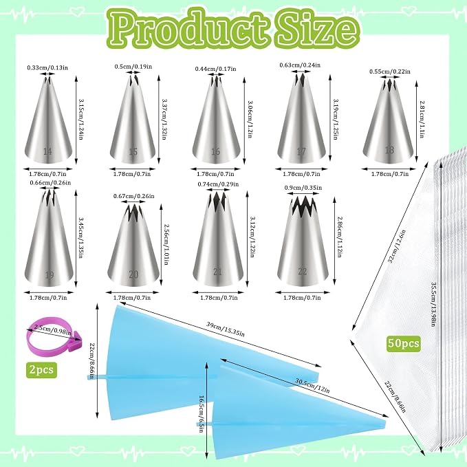 63Pcs Star Piping Tip with Pastry Bags, Stainless Steel Star Frosting Tip | Small Piping Tips, Stainless Steel, Disposable & Reusable Pastry Bags, Silicone Ties