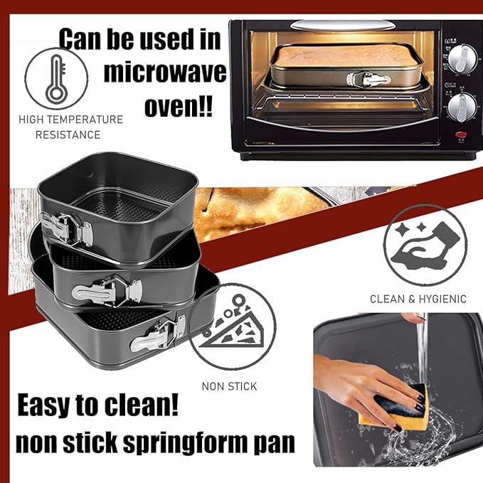 Springform Pan Set, 9.5/10/11Inch Square cake pans, Nonstick Bakeware Springform, Leakproof Cake Pans with Removable Bottom for Baking, Cheesecake Pan (Square, 9.5/10/11 inch)