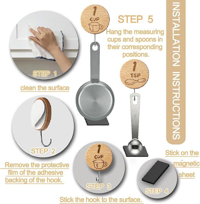 Measuring Cup and Spoon Organizer,14 Pack Adhesive Wood Hooks for Hanging with 2 Kitchen Conversion Chart Stickers,14 Pack adhesive magnetic sheets, measuring cup hooks for inside cabinet door