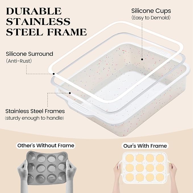 8x8 inch Silicone Square Cake Pan with Metal Reinforced Frame, Nonstick Brownie Pan for Baking, BPA Free Set of 2 (Cream)