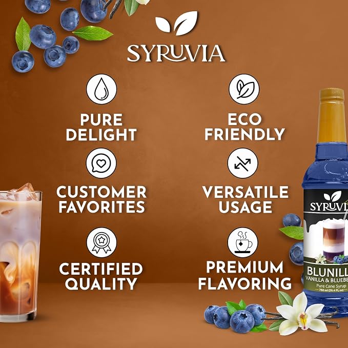 Syruvia Coffee Syrup, BLUNILLA Syrup, Vanilla Blueberry Flavored Syrup for Drinks, Lattes, and Desserts – 25.4 fl oz - with Pump