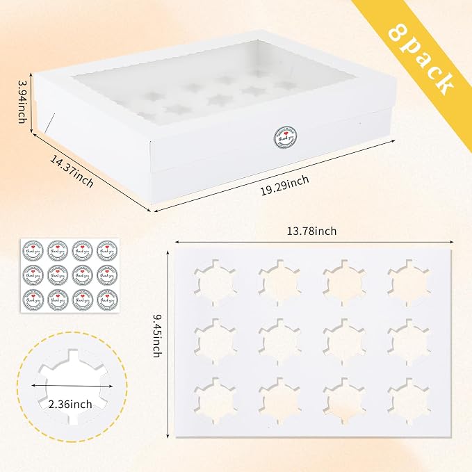 24 Count Cupcake Box, 8 Pack Cupcake Containers with Windows and Inserts, Disposable Cupcake Carriers for Muffins, Treats, Pastries, Mother's Day 19 x 14 x 3.9 Inches (White, 24Count /8Pcs)