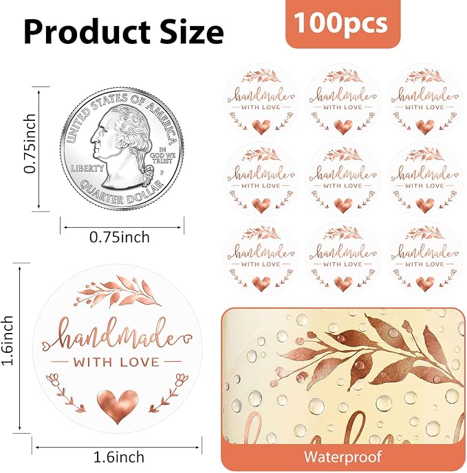 100PCS Handmade with Love Stickers, Gold Round Labels for Bakery Boxes, Cookies Bags, Small Business Packaging, Gift Wrapping, Party Dessert Table Treat Bags & Favor Seals 1.6“ (Rose Gold)