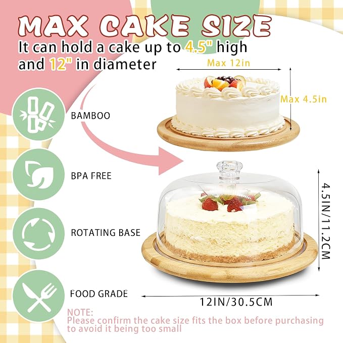 Bamboo Cake Stand with Dome Lid, 12in Rotating Wood Cake Holder Round Cake Plate, 2-in-1 Wooden Serving Platter Charcuterie Board Dessert Table Display Set for Birthday Wedding Party Kitchen