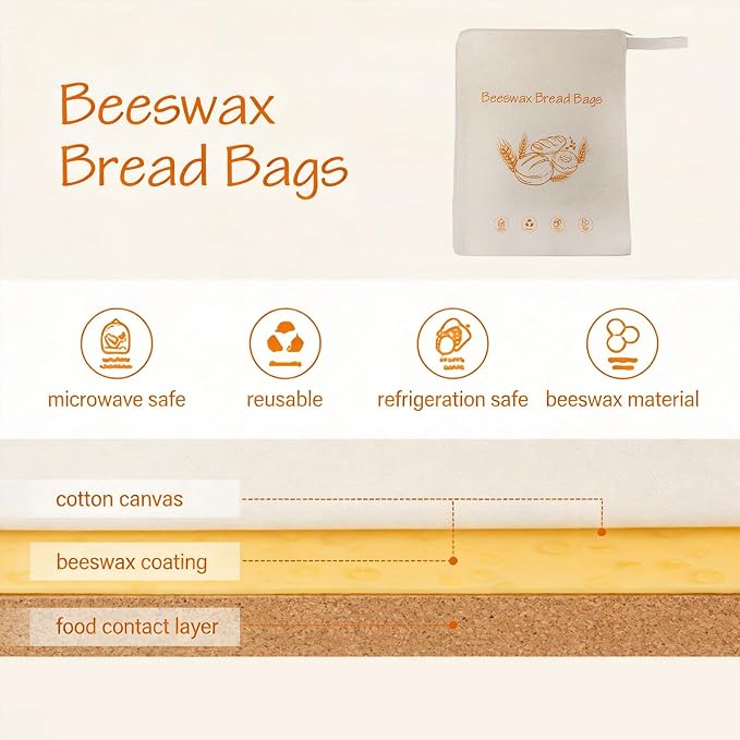 lorine zipper beeswax-lined bread bag, natural beeswax bread bag with a linen blend, suitable for homemade bread and sourdough, safe and reusable