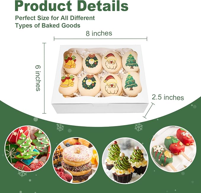 20pcs 8x6x2.5 Inch White Bakery Boxes Cookie Boxes with Window Treat Boxes Dessert Boxes for Cookie,Pastry,Macaron,Donut,Muffins,Chocolate,Cupcake and Candy Gift Giving