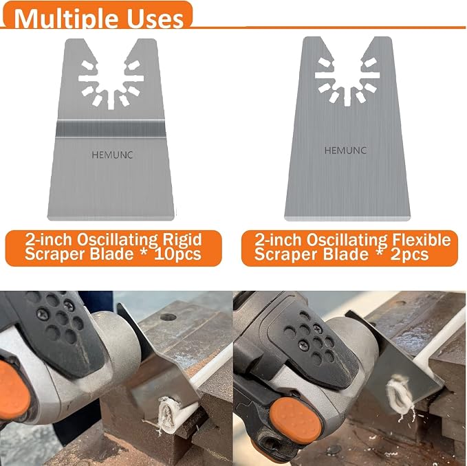 Oscillating Tool Scraper Blades Set, Include Oscillating Rigid Scraper Blade 10pcs, Flexible Multitool Scraper Blades 2pcs, Universal Fit Oscillating Multitool Scraper Blades for carpet tile adhesives