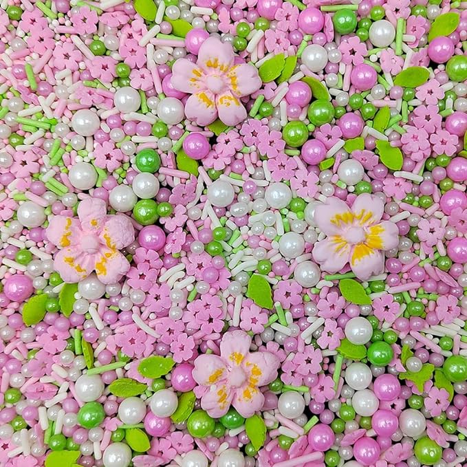 Homankit Edible Flowers for Cake Decorating Pink Flowers Sprinkles White Green Sugar Pearls Baking Cake Cupcake Toppers Cookie Dessert Decorations Birthday Party Supplies with 4 Large Flowers