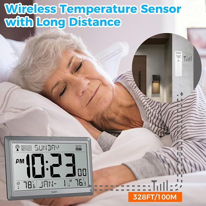 HODIK Wall Clock Atomic with Indoor Outdoor Temperature Battery Powered, Easy Reading with 10.5 Inch LCD Display, 330FT Range Table Wall Clock with DST, 12/24 Hour for Living Room Kitchen (Silver)