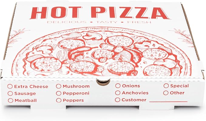 Karat Pizza Boxes 14" x 14" [50 Pack] Classic Red Print Grease-Resistant Corrugated Pizza Box, Ventilated & Convertible to Plate, Perfect for Personal & Pizzas