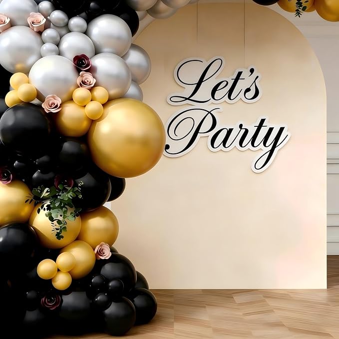 Black Gold Silver Balloon Garland Arch Kit, 143Pcs Black Gold Silver Latex Balloons for New Year 2026 Graduation Retirement Birthday Party Decoration