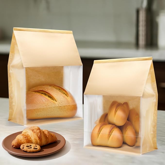 50PCS Bread Bags for Homemade Bread 13.7×9.8×4.9inch Paper Breads Bag with Clear Window Tin Tie Tab Lock Large Kraft Sourdough Breads Bag Paper Bakery Bags for Cookies
