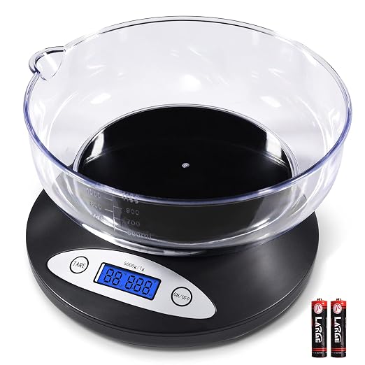 THINKSCALE Digital Kitchen Scale, 11lb/5kg Food Scale with Bowl, Digital Grams and Ounces for Weight Loss, Dieting, Baking, Cooking, and Meal Prep, Backlit Display