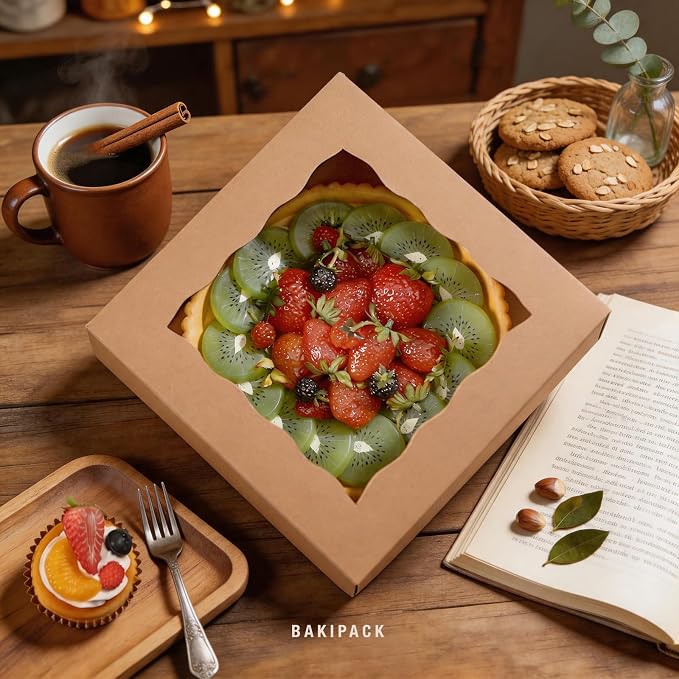 25 Kraft Bakery Boxes with Window, 8x8x4 Inches Cake Boxes with Window, Treat Boxes for Pastry, Cupcake, Cookies, Muffins, Pie