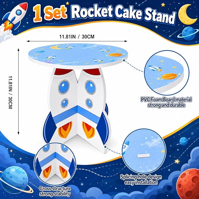 Rocket Cake Stand, 3D PVC Space Theme Dessert Display Stand for Birthday Party, Baby Shower and Outer Space Decorations, Cake Holder for Cupcakes, Cakes and Sweets