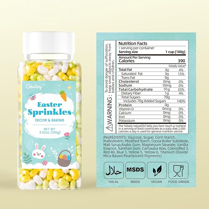 Cobakey Heart Sprinkles for Cookies 3.52 Ounce Spring Sprinkles for Baking Yellow & Green Edible Heart Perfect for Easter Cake Decorations, Baking, Ice Cream, Cookies, Cupcake Topper