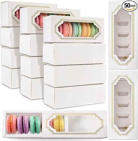 Nicunom 50 Pack Macaron Boxes with Clear Window, Small Macaron Packaging Container Pastry Cookie Candy Strawberry Boxes for 5 Bakery Cocoa Truffle Dessert Wedding Gift