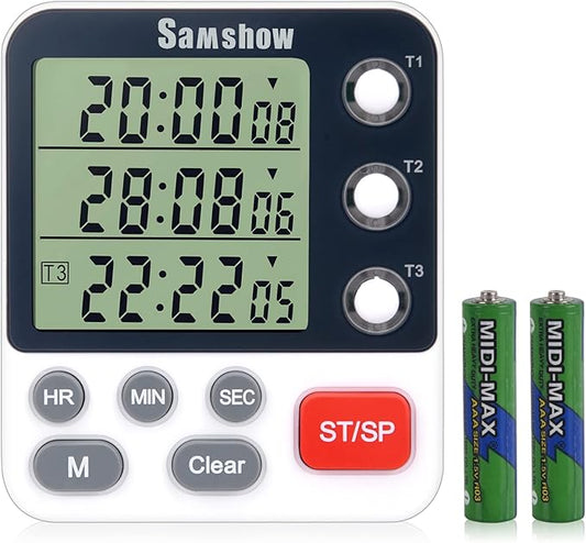 Digital Dual Kitchen Timmers 3 Channels Count UP/Down Timer Cooking Timers Large Display Triple Timmer Magnetic Stopwatch Timer-timers for Classroom Kid Adjustable Volume Loud Alarm(Battery Included)