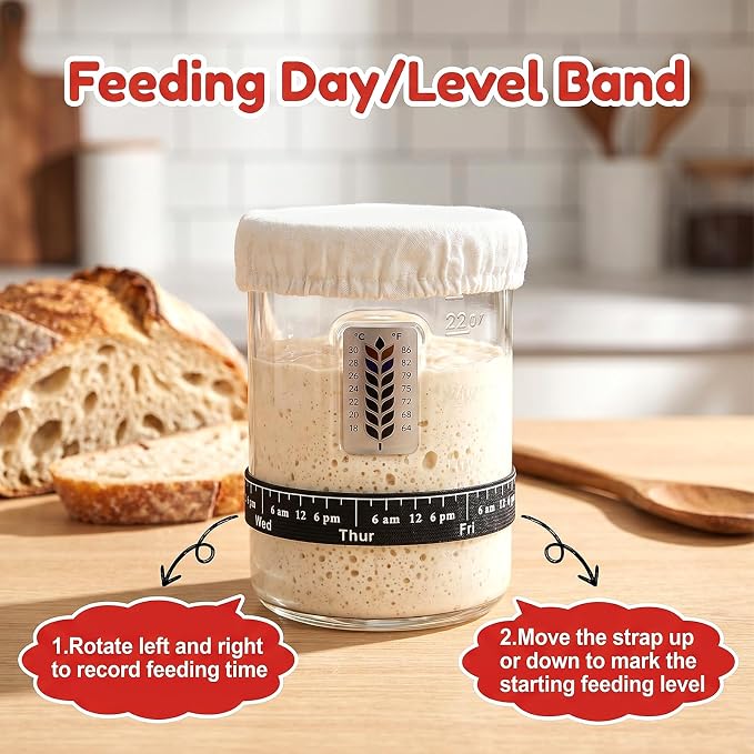 2Pack Sourdough Starter Jar - 40oz Large Sourdough Jar with Marked Feeding Band,Temperature Patch,Scraper, Cloth Cover and Silicone Lid&Base,Measuring Spoon Set,Cleaning brush-RED&BLUE