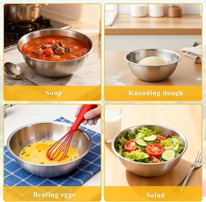 3 Packs Stainless Steel Mixing Bowls with Measurement Marks, Thicker Stainless Steel Flat Bottom Mixing Bowls Set, Stackable Salad Bowl for Cooking, Baking, Salad, Vegetables