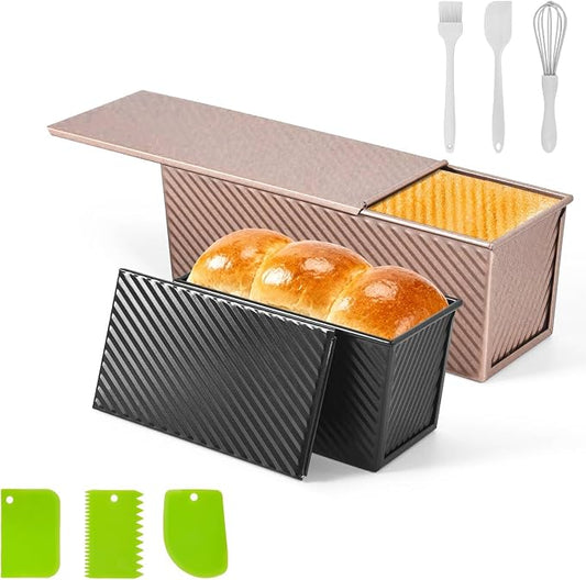2 PCS Pullman Loaf Pan with Lid, 2.2 lb & 1 lb Dough Capacity, Nonstick Carbon Steel Sandwich Bread Pans with Covers for Homemade Sourdough Baking