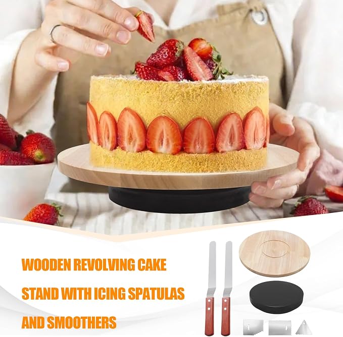 12 Inch Acacia Wood Revolving Cake Stand with 5 Baking Tools, 360° Rotating Turntable for Cake Decorating, Includes 2 Spatulas + 3 Smoothers for Cakes Cupcakes Decorations, Birthday & Wedding