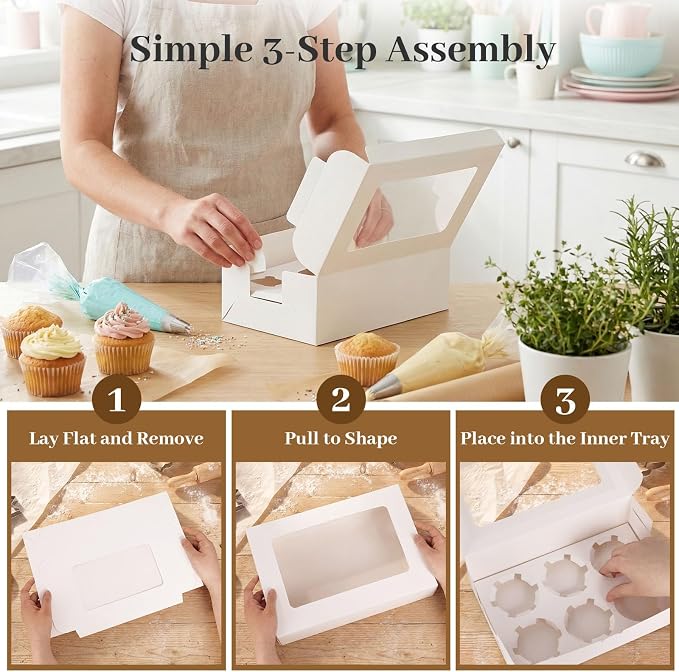 HONEYGIFTS 6 Count White Cupcake Boxes, 6 Sets Cupcake Carrier with Window Boxes Holding 36 Pastry Box for Birthday Holiday Party Bakery Supplies