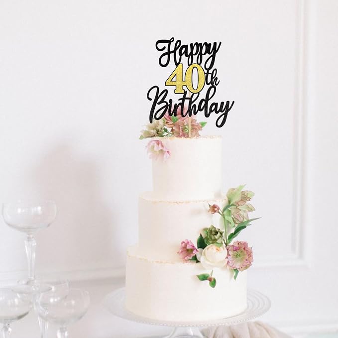 1 PCS Happy 40th Birthday Cake Topper Black Gold Glitter Cheers to 40 Years Birthday Cake Pick 40 Fabulous Cake Decoration for Happy 40th Birthday Anniversary Party Cake Decorations Supplies