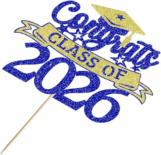 Glitter Class of 2026 Cake Topper，Congrats Grad Decorations， 2026 Happy Graduation High School/College/University Graduation Party Supplies Dark Blue and Gold