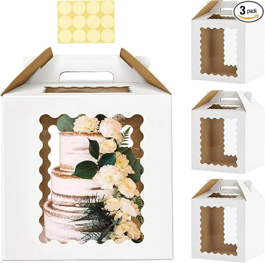 3 Pack 12x12x12 Inch Tall Cake Boxes with windows,10in 12in Large Tiered Cake Box, Disposable Tall Cake Carrier, Layer Tall Baking Carrier with Handle for Wedding, Birthday