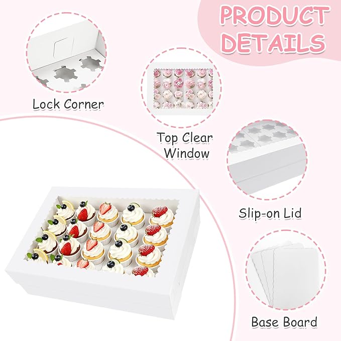 4 Pack White Cupcake Boxes with Cake Boards for 24 MINI Cupcakes, Food Grade Dessert Muffins Box Cupcake Carrier Containers with Window and Inserts for Birthday Holiday Party Bakery Supplies