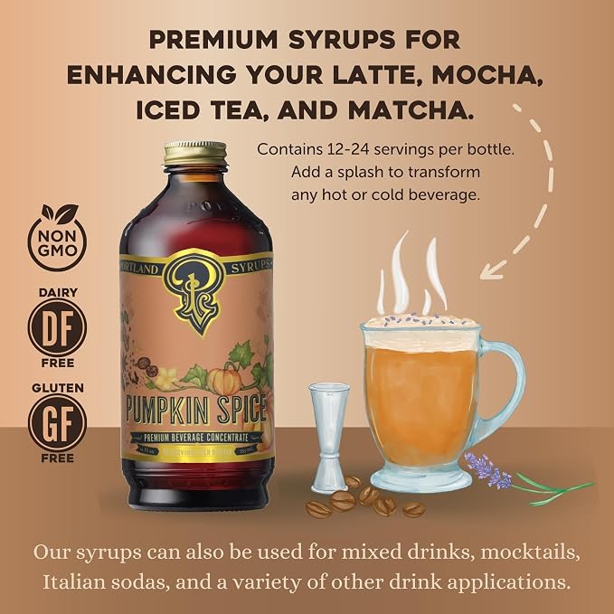 Portland Syrups Pumpkin Spice Syrup - Organic Pumpkin & Ginger Coffee Syrup for Lattes, Mocktails, & Baking - Rich Flavor, Organic Cane Sugar, Natural Ingredients,12 oz Bottle, 24 Servings (Pack of 1)